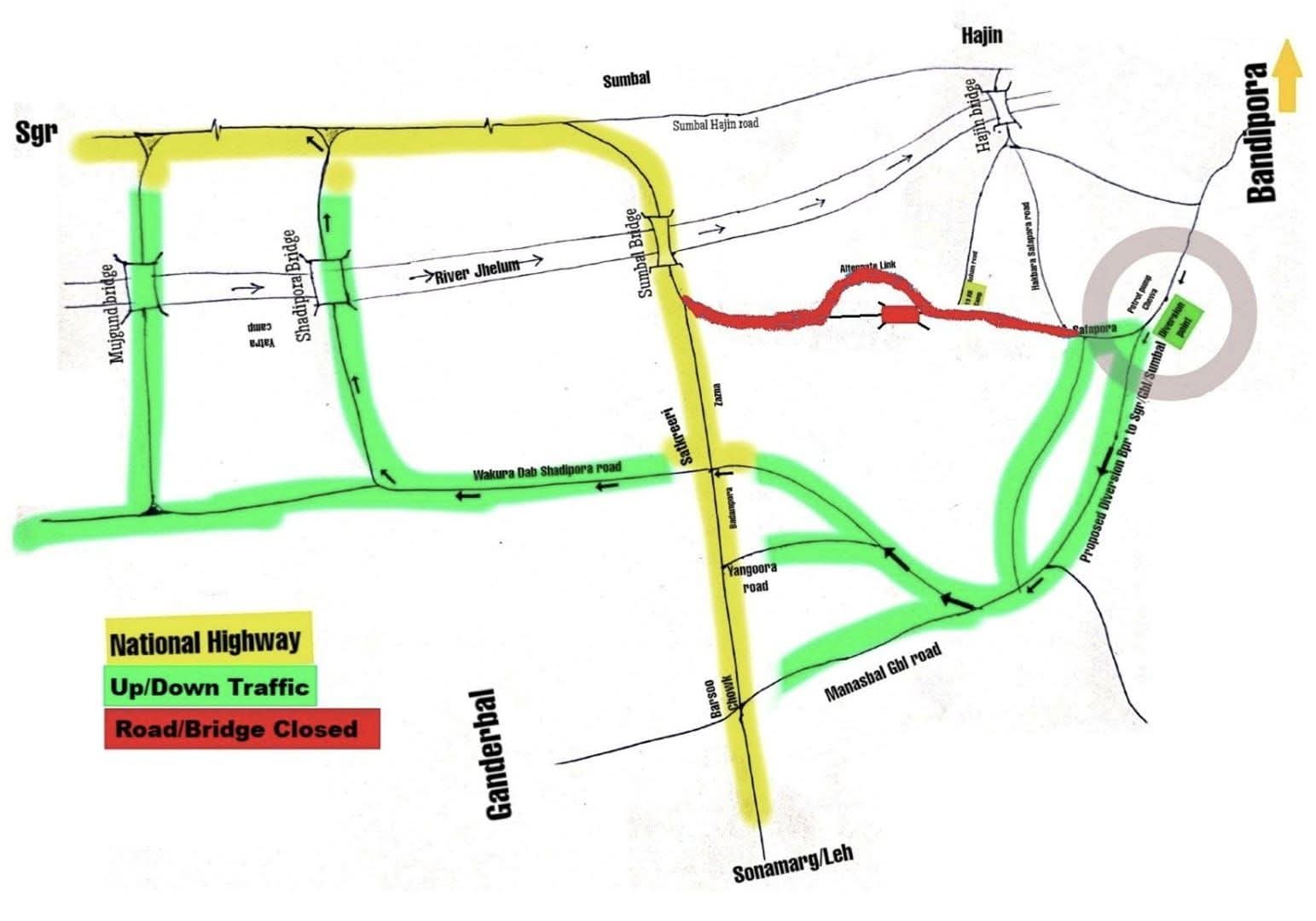 District Admin Bandipora Closes Inner Link Road at Naninara for Traffic Movement ; Public Advised to Follow Alternate Route