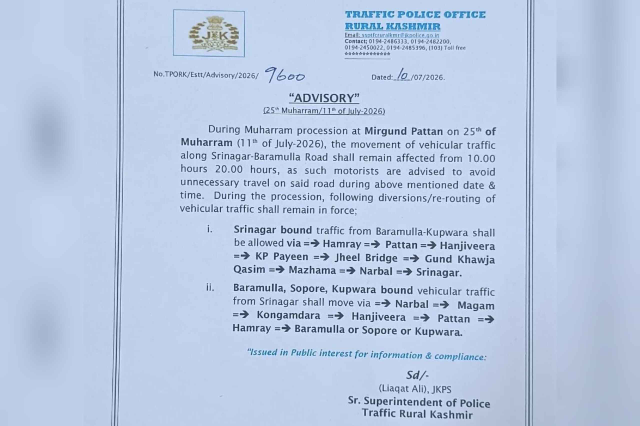 Traffic diversions announced on Srinagar-Baramulla road for 25th Muharram procession